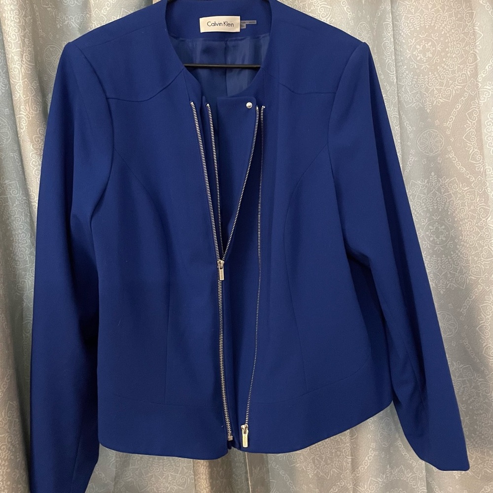 Calvin Klein cobalt blue collarless silver metal zipper blazer size 20 W